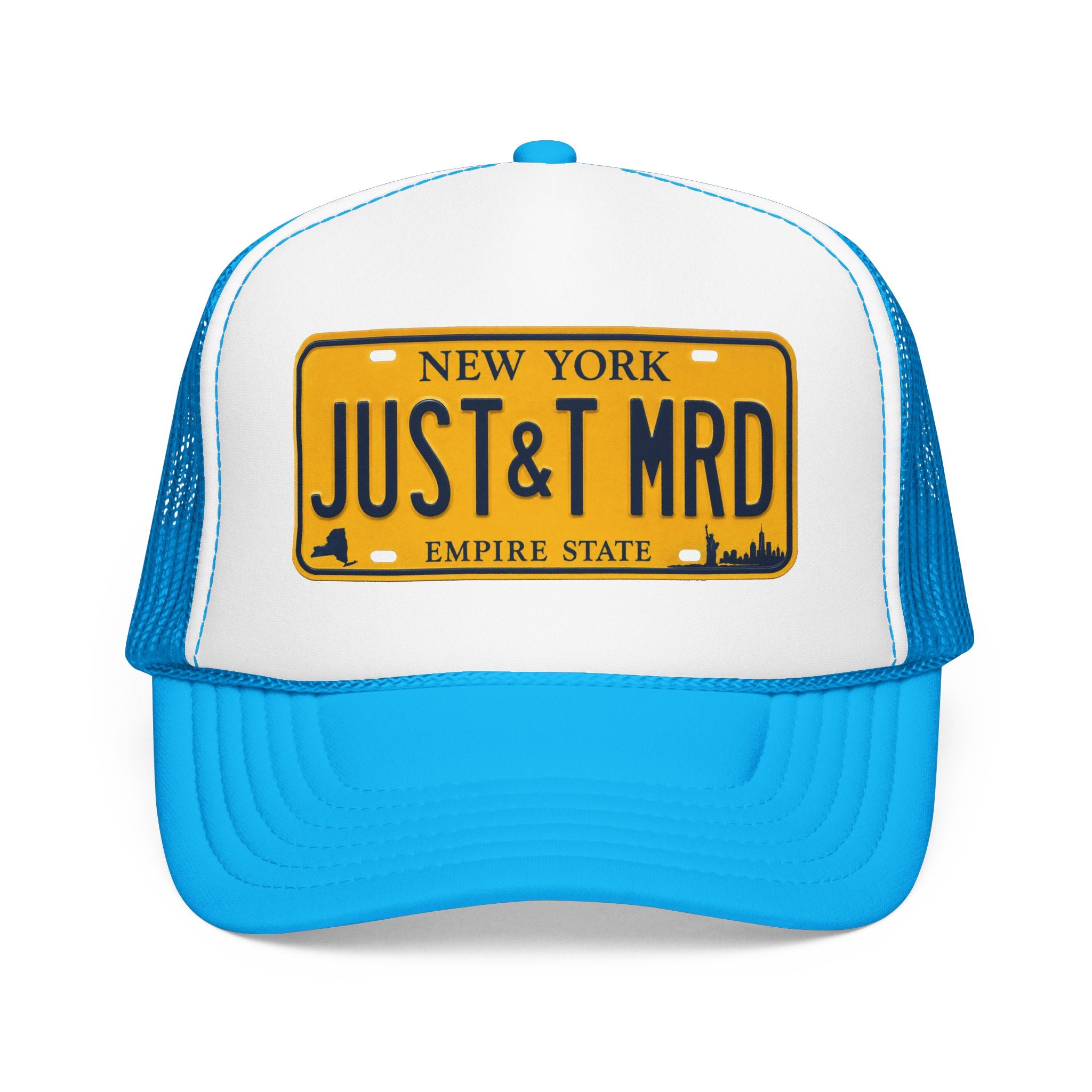 Foam Trucker Hat – Vintage New York License Plate “JUST&T MRD”