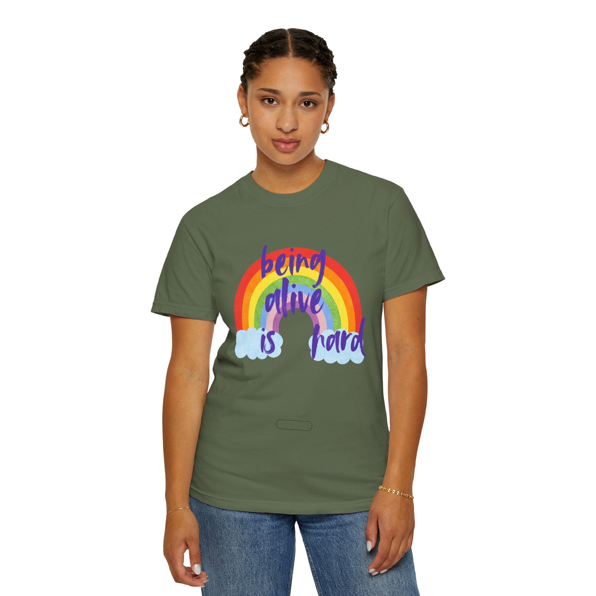 Rainbow 'Being alive is hard' Unisex T-shirt, Quote Tee, Graphic Shirt, Colorful Top, LGBTQ Pride Apparel