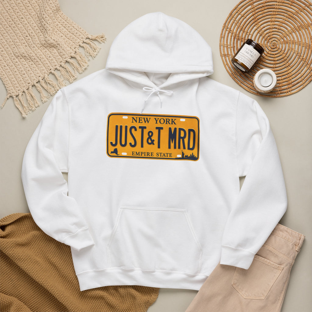 Hoodie — New York License Plate "JUST & MRD" Graphic