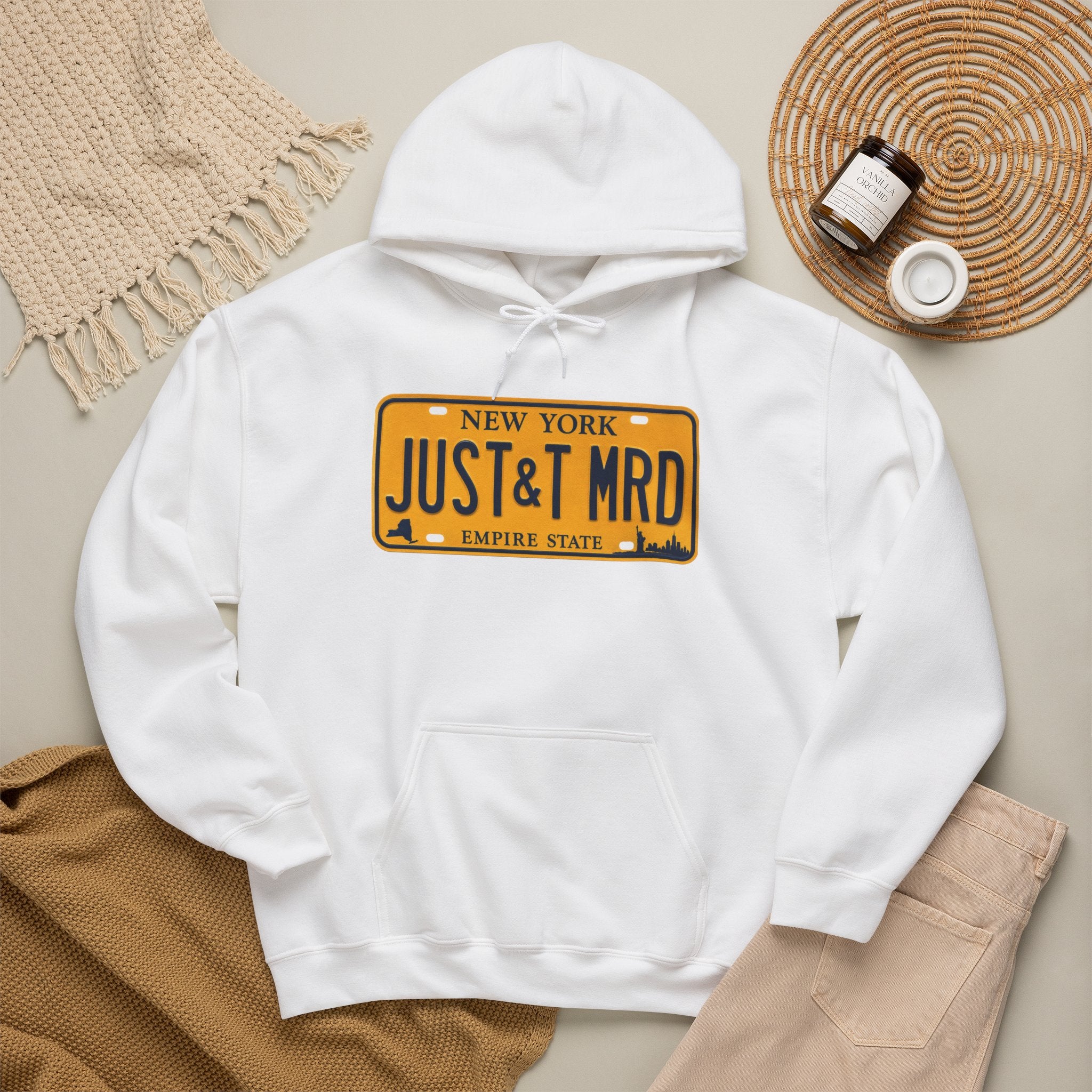 Hoodie — New York License Plate "JUST & MRD" Graphic
