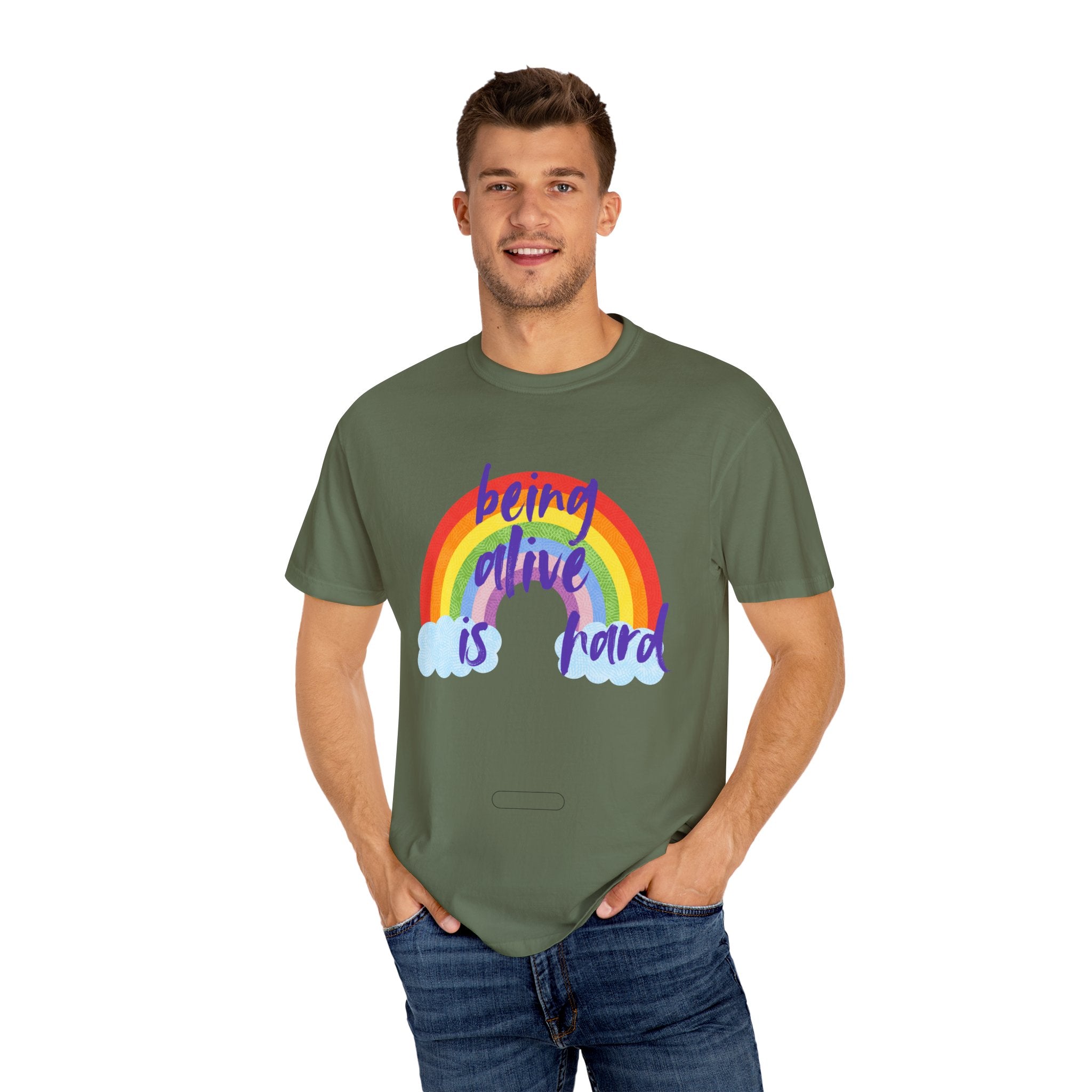 Rainbow 'Being alive is hard' Unisex T-shirt, Quote Tee, Graphic Shirt, Colorful Top, LGBTQ Pride Apparel