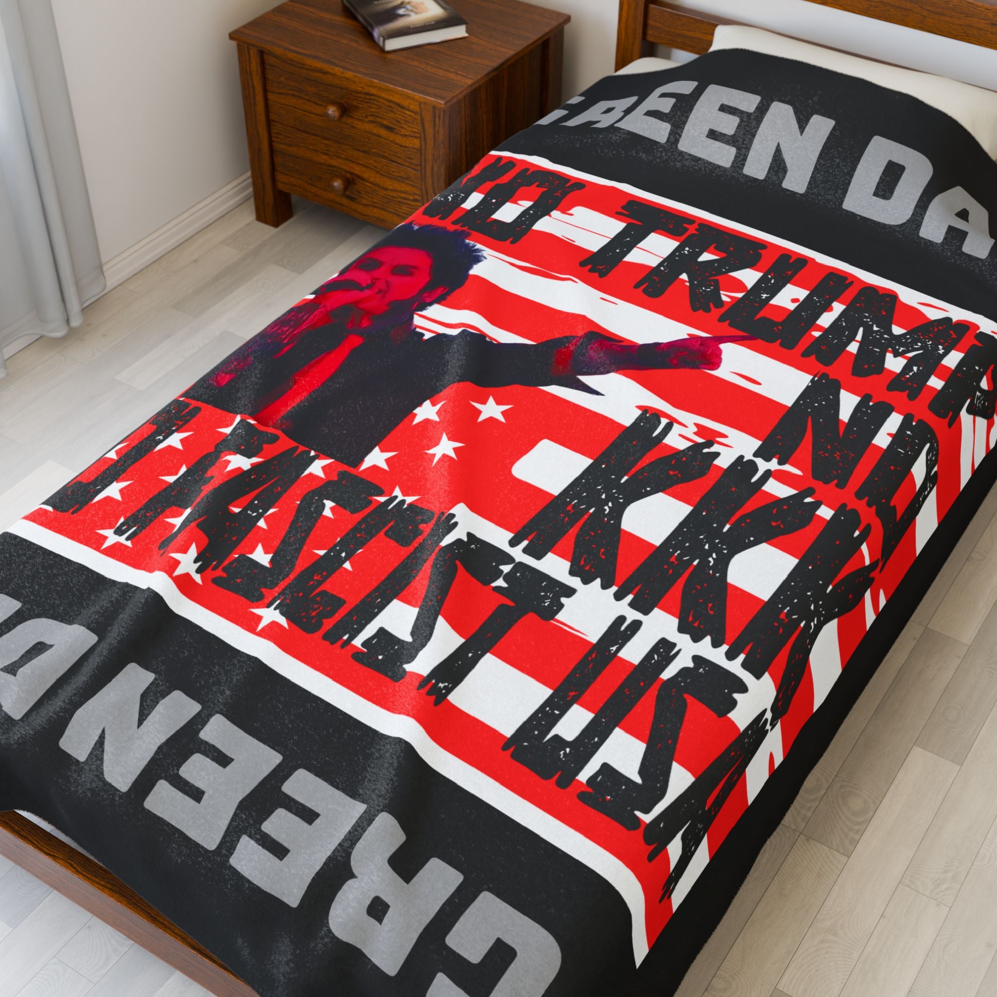 Velveteen Plush Blanket, Green Day Inspired Anti-Trump Anti-Fascist Pro-Democracy No Trump No KKK No Fascist USA, Protest, Activist Gift,