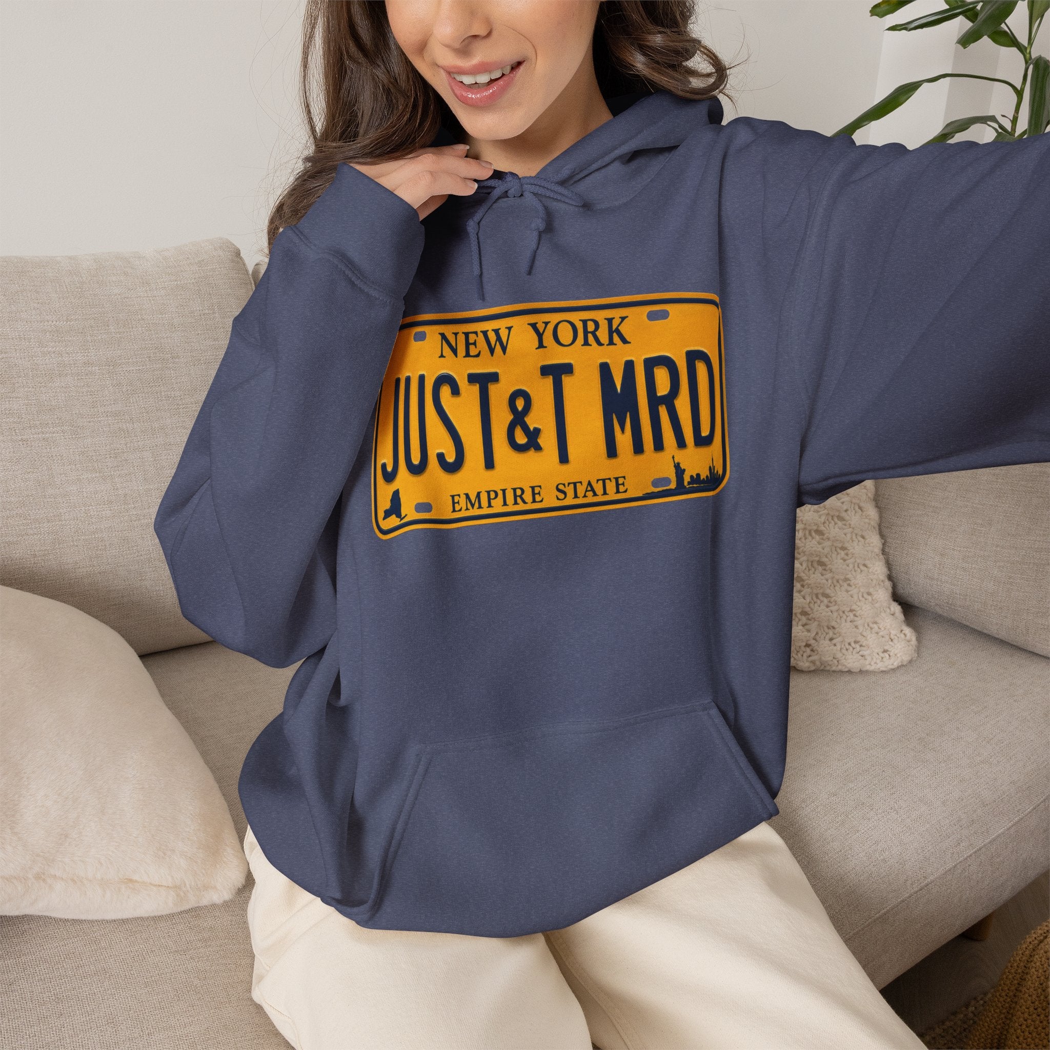 Hoodie — New York License Plate "JUST & MRD" Graphic