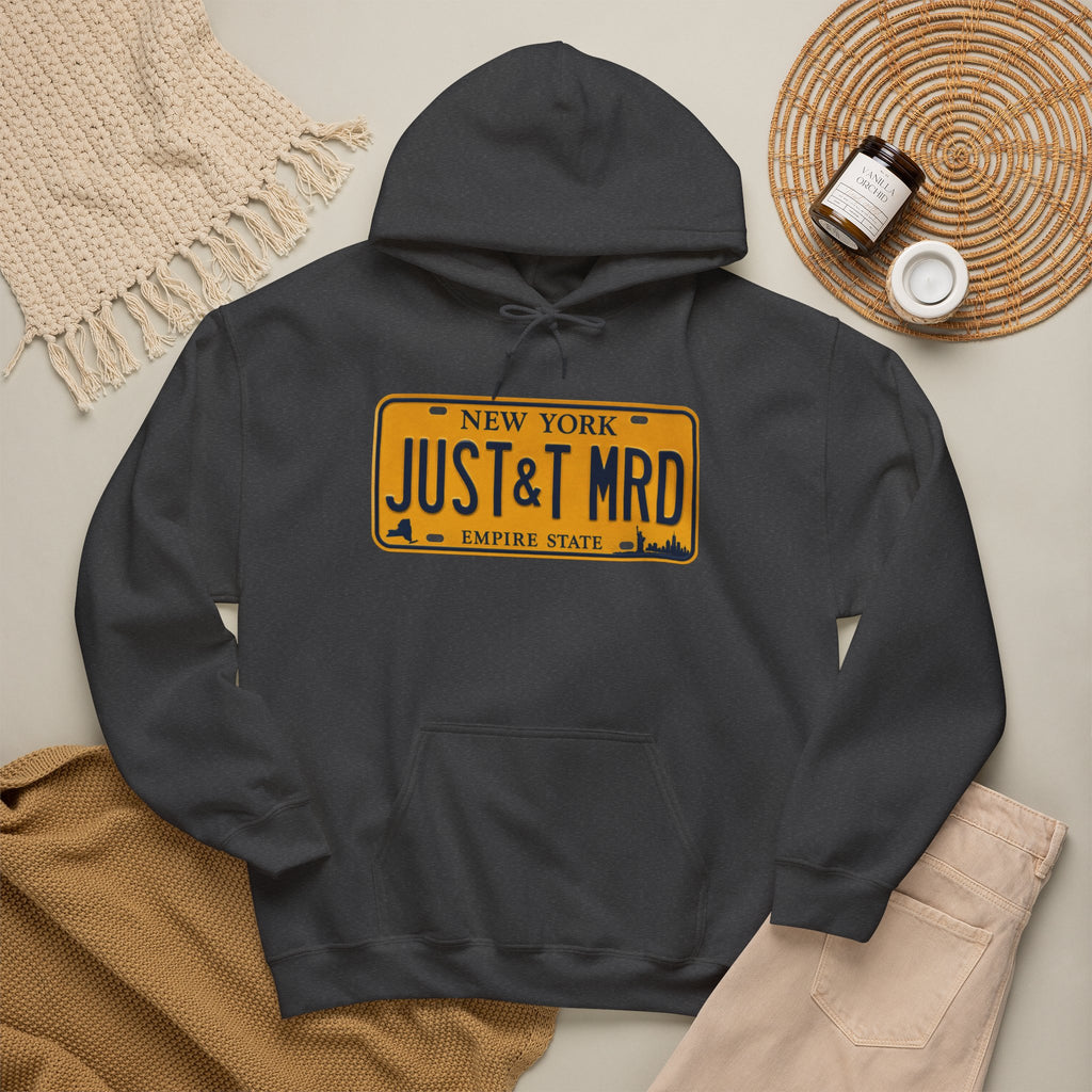 Hoodie — New York License Plate "JUST & MRD" Graphic