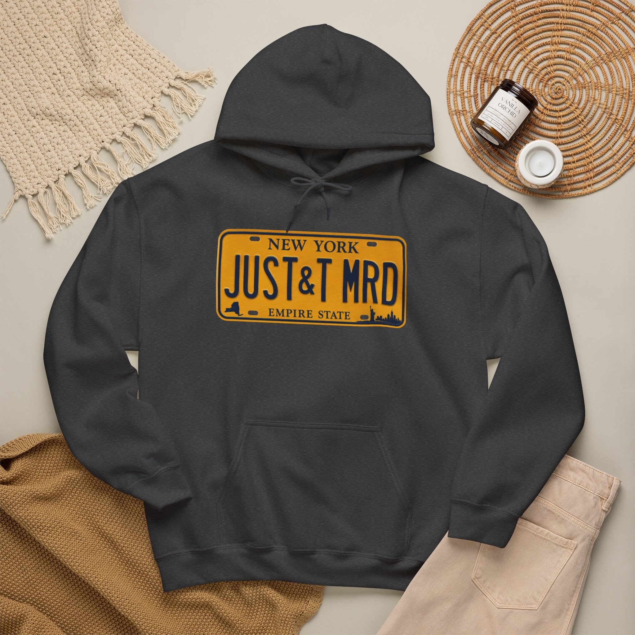Hoodie — New York License Plate "JUST & MRD" Graphic