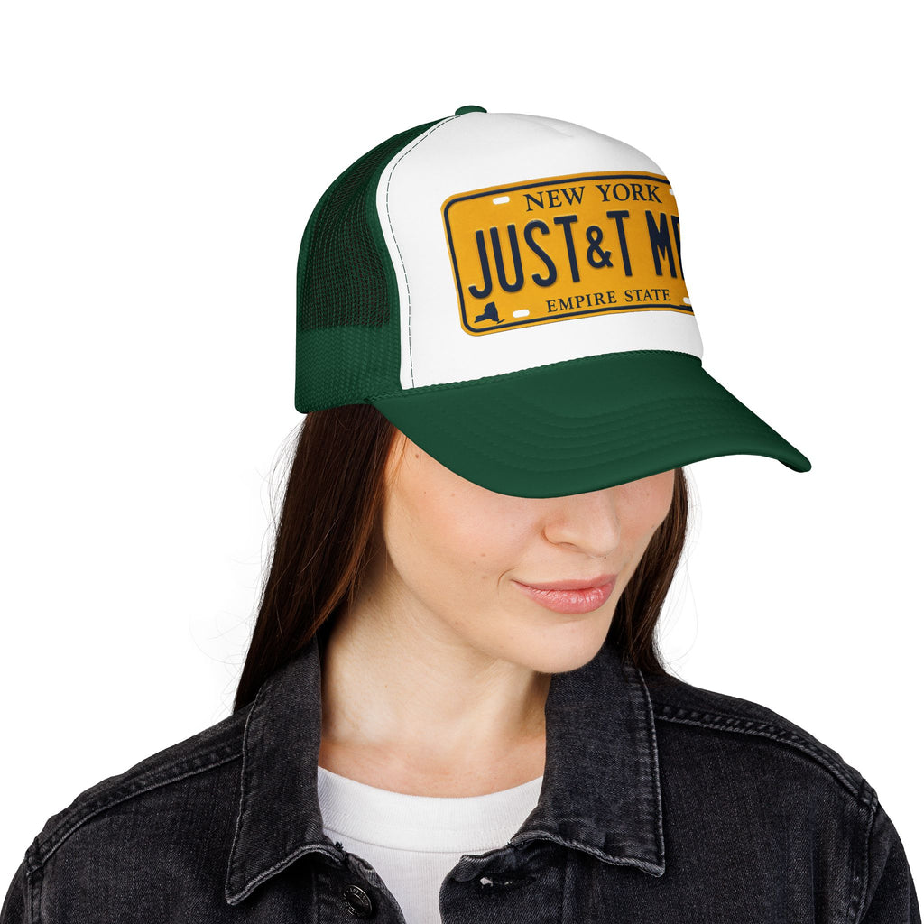 Foam Trucker Hat – Vintage New York License Plate “JUST&T MRD”