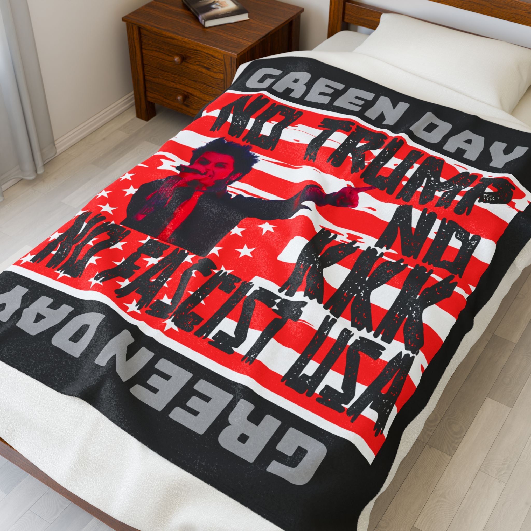 Velveteen Plush Blanket, Green Day Inspired Anti-Trump Anti-Fascist Pro-Democracy No Trump No KKK No Fascist USA, Protest, Activist Gift,