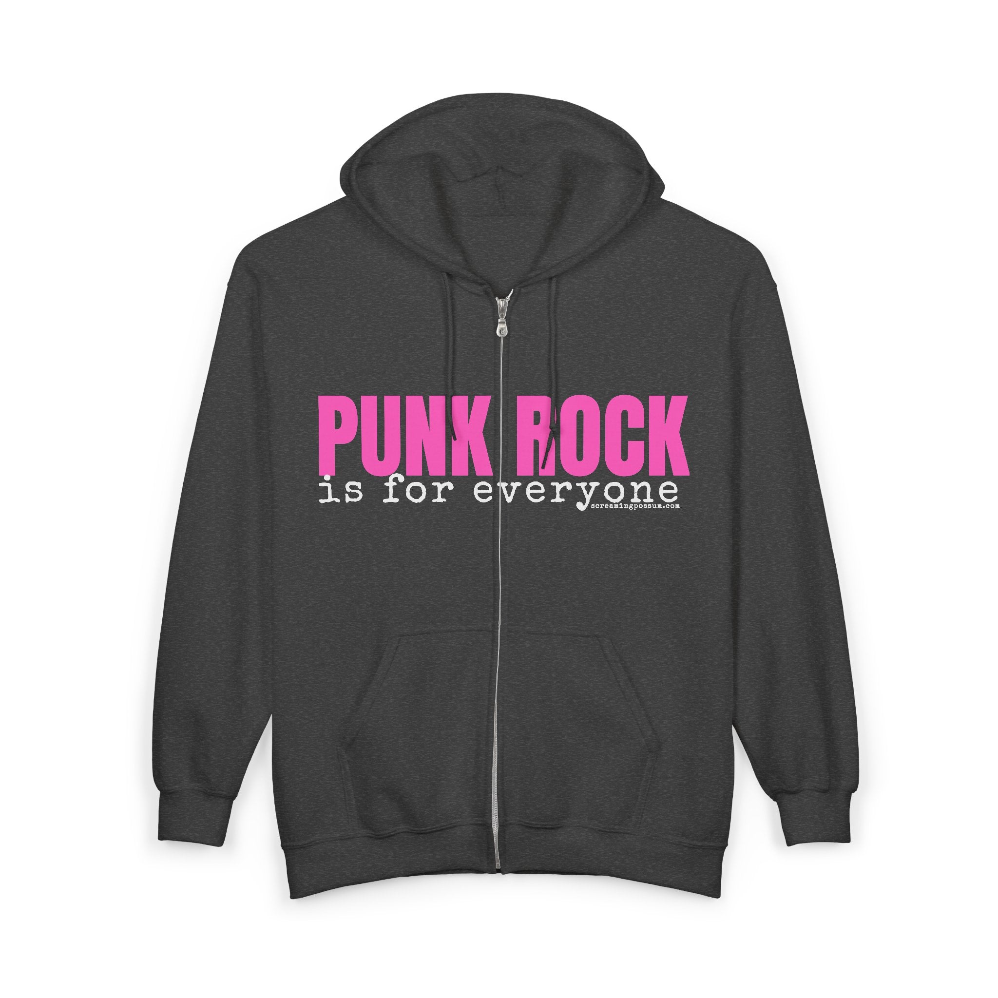 Punk Rock Is For Everyone Zip Hoodie — Bold Pink Graphic Full-Zip Sweatshirt