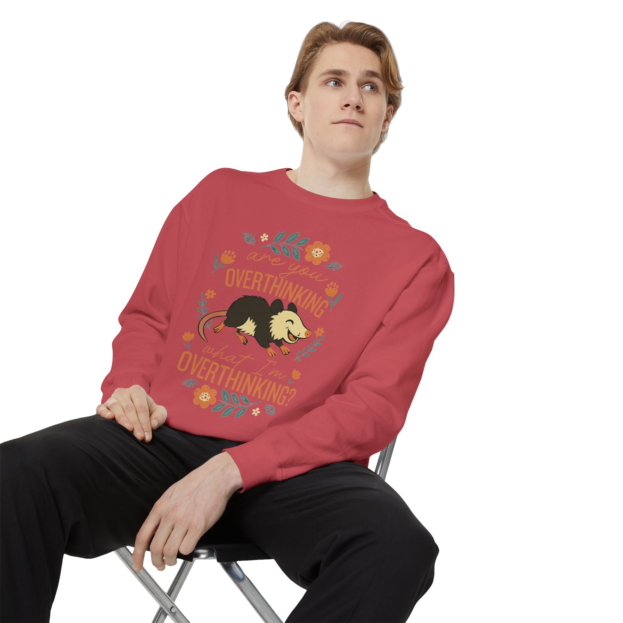 Funny Possum Sweatshirt — "Are You Overthinking What I'm Overthinking?" Crew Neck Sweathsirt from Comfort Colors