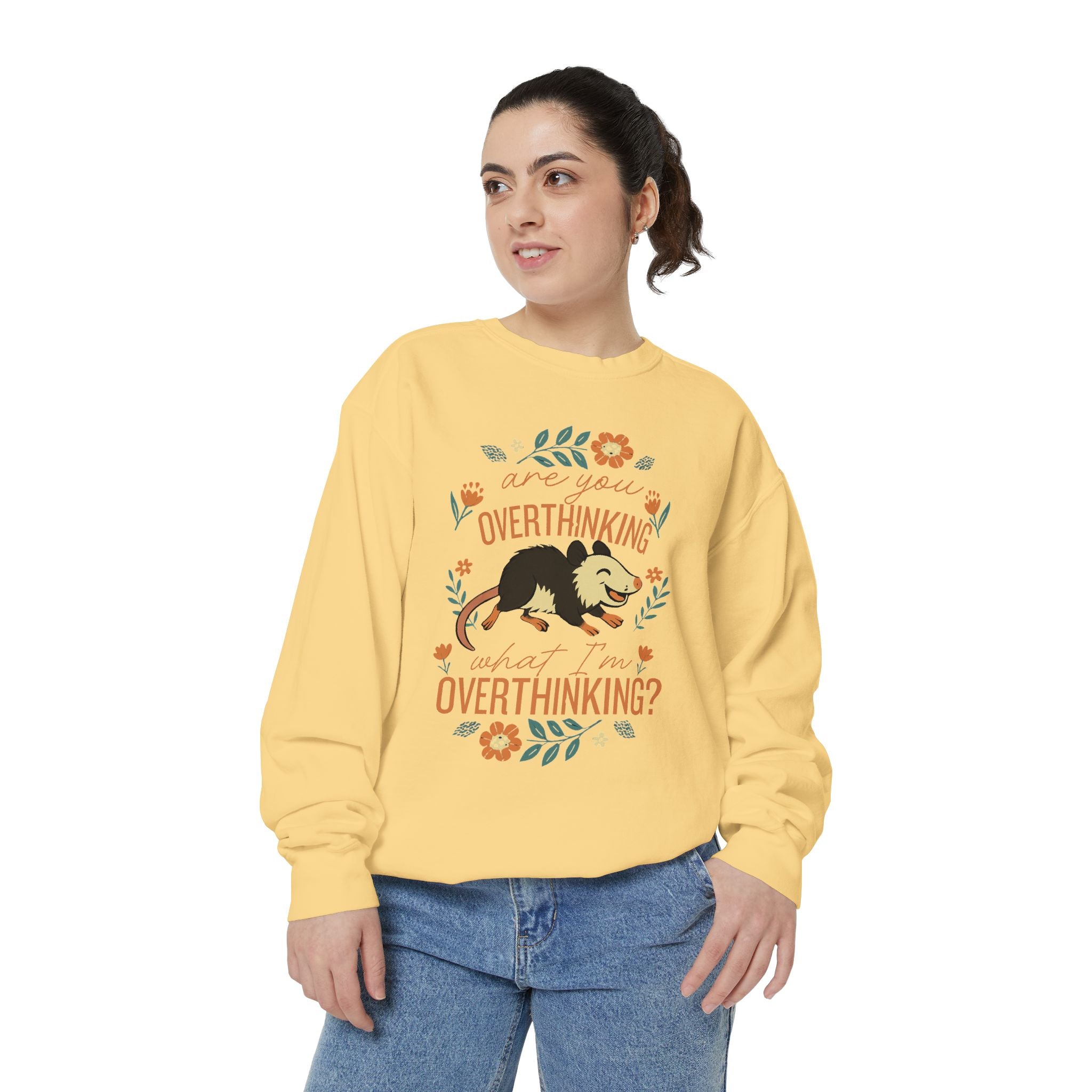 Funny Possum Sweatshirt — "Are You Overthinking What I'm Overthinking?" Crew Neck Sweathsirt from Comfort Colors